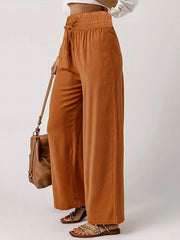  Solid Wide Leg Trousers Elastic Waist Drawstring Casual Pants