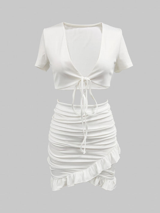 Casual Tie Front Short Sleeve Top & Ruched Bag Hip Skirt Set