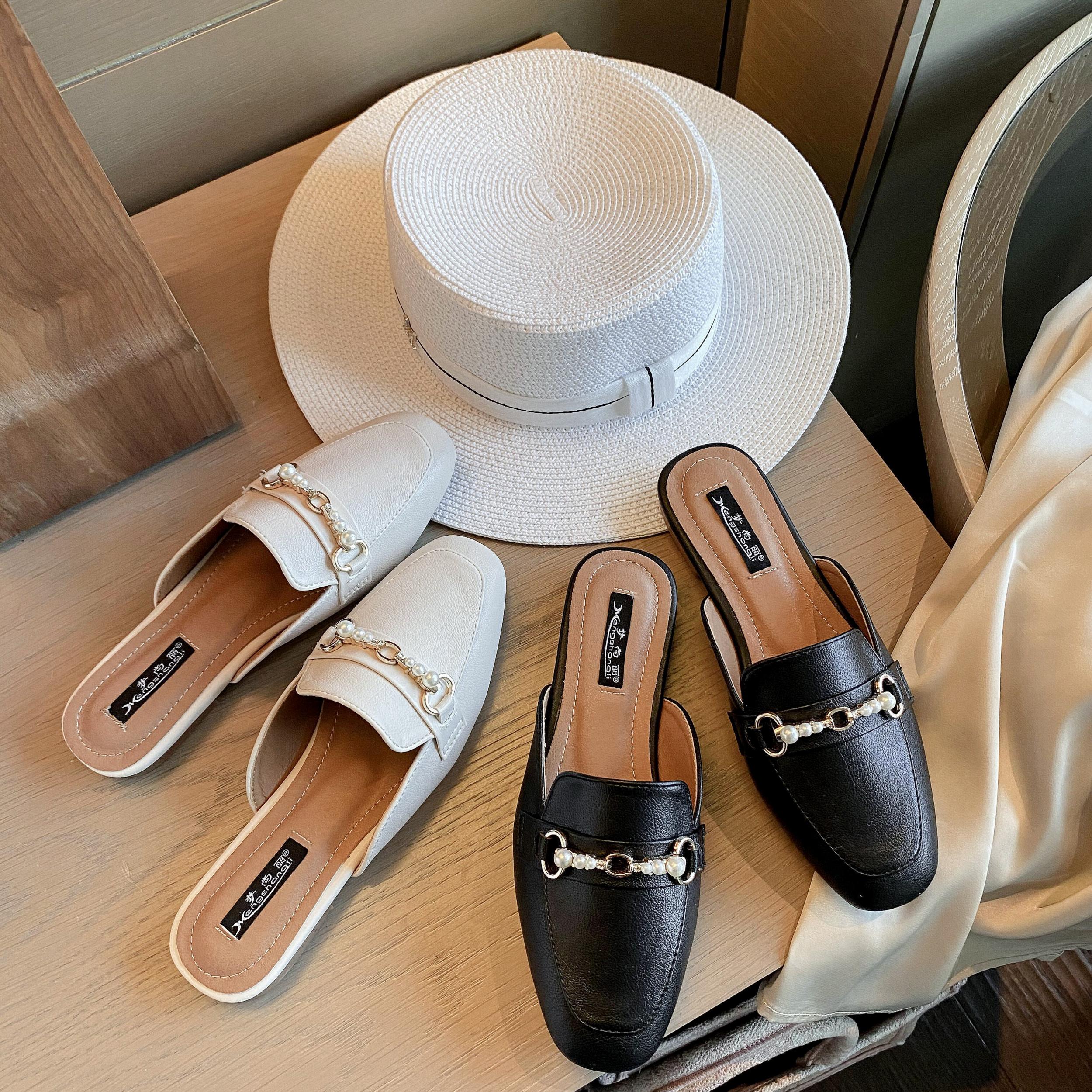 Pearl Chain Square Toe Mules Loafers