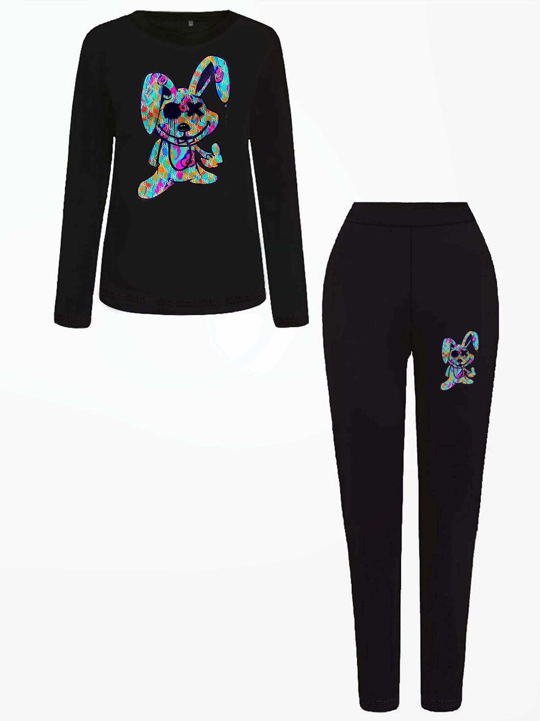  Women's Rabbit Print Top & Leggings Outfits 2 Piece Set