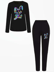  Women's Rabbit Print Top & Leggings Outfits 2 Piece Set