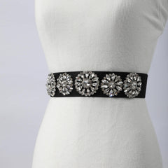 Rhinestone Flower Wide Belt Elastic Waistband for Women