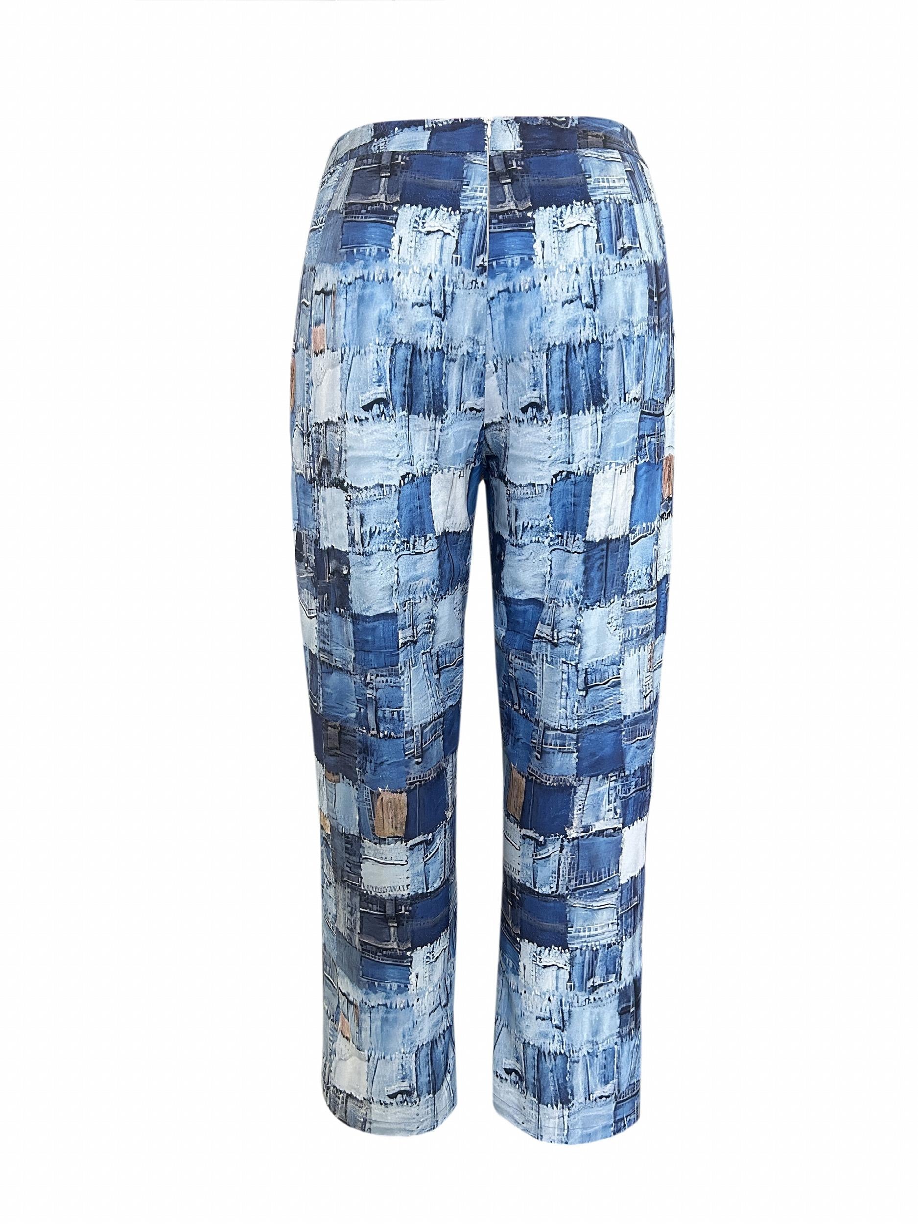  Colorblock Denim Print Stretch Trousers