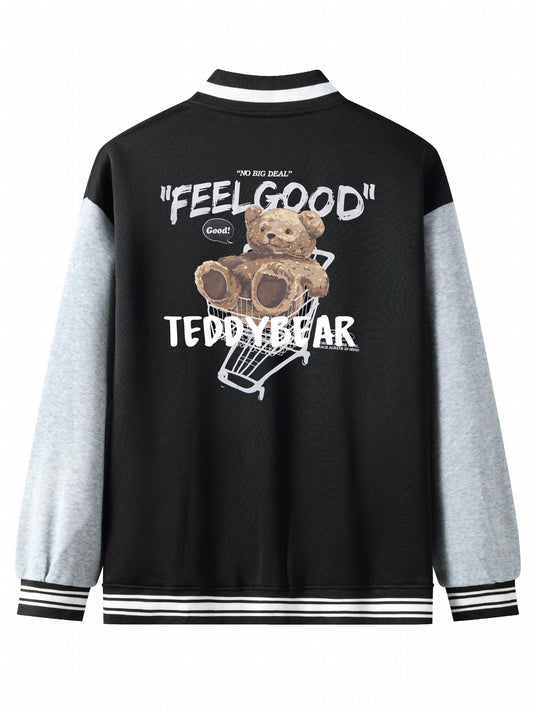Men's Teddy Bear Print Baseball Jacket