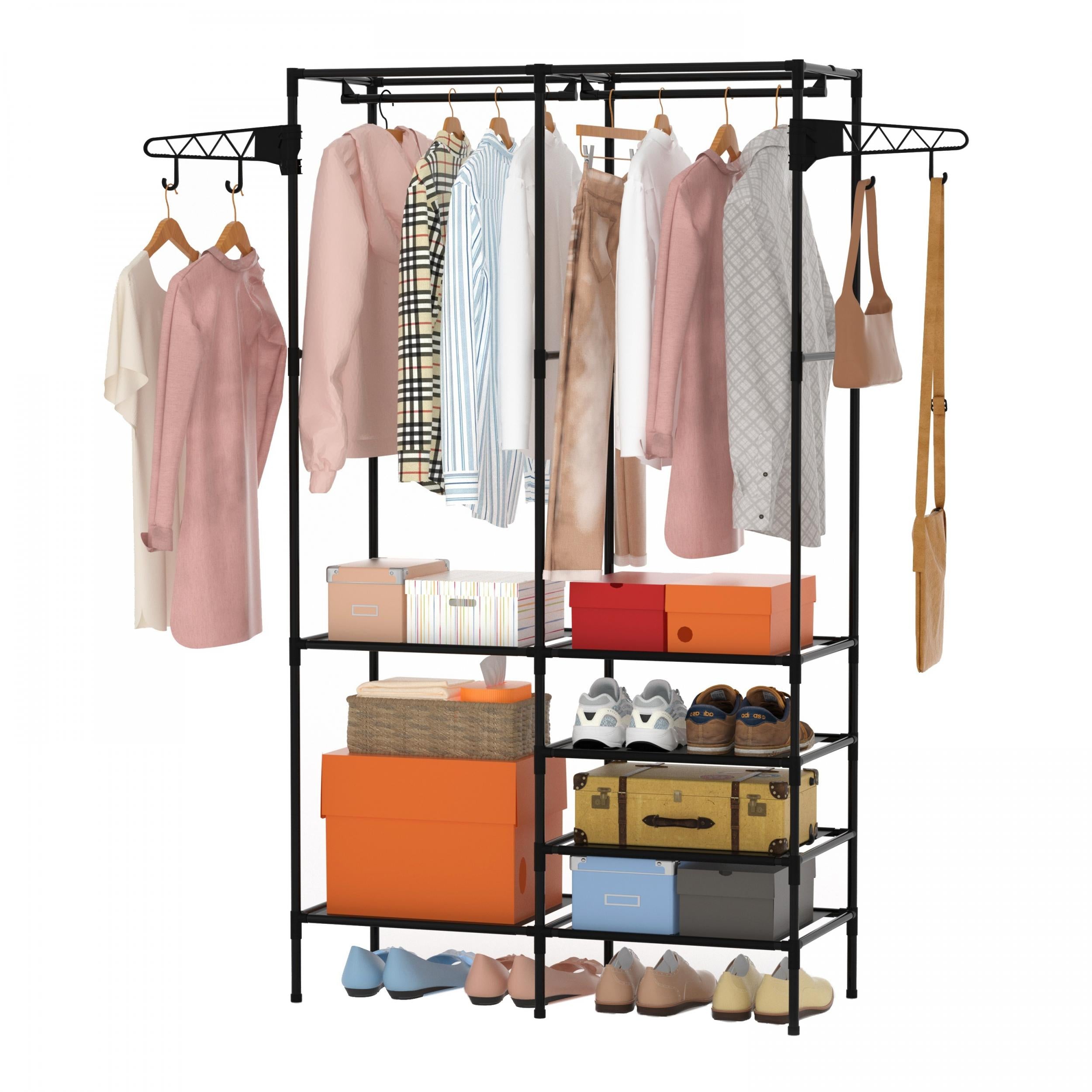 Metal Clothes Storage Rack with Shoe Storage and Hooks