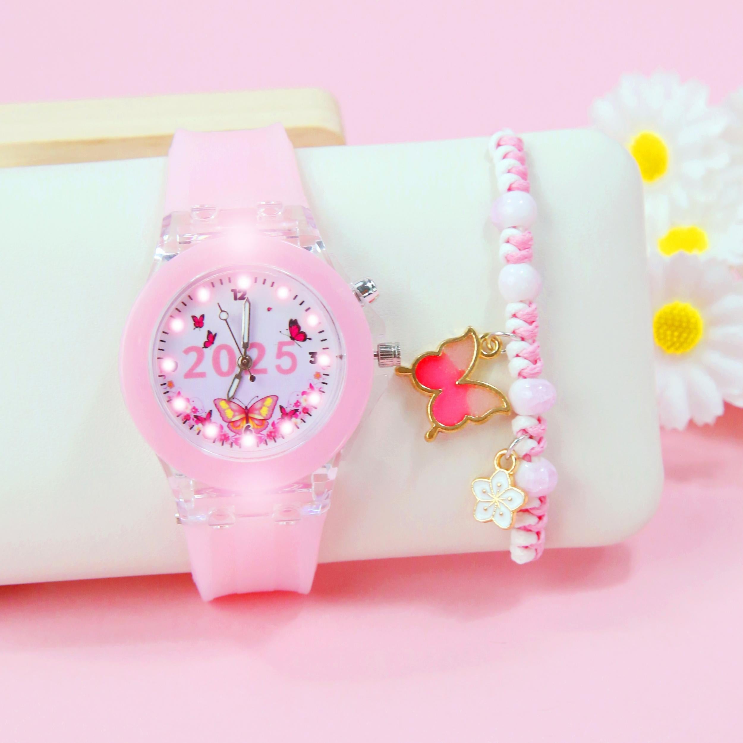 Girls' Pink Quartz Watch & Bracelet Set with Silicone Strap