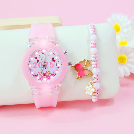 Girls' Pink Quartz Watch & Bracelet Set with Silicone Strap