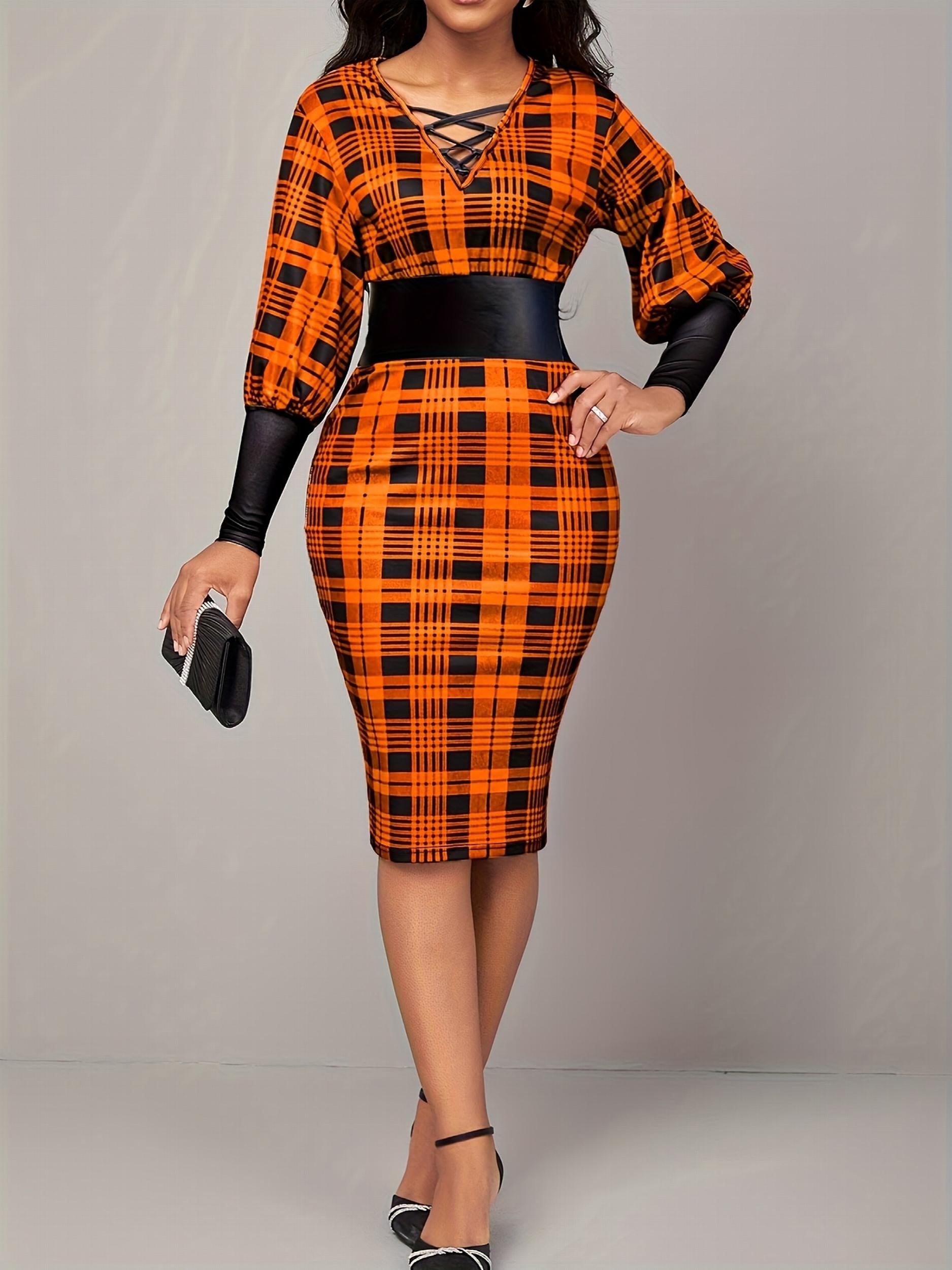  Colorblock Plaid Print Lace Up Lantern Sleeve Dress