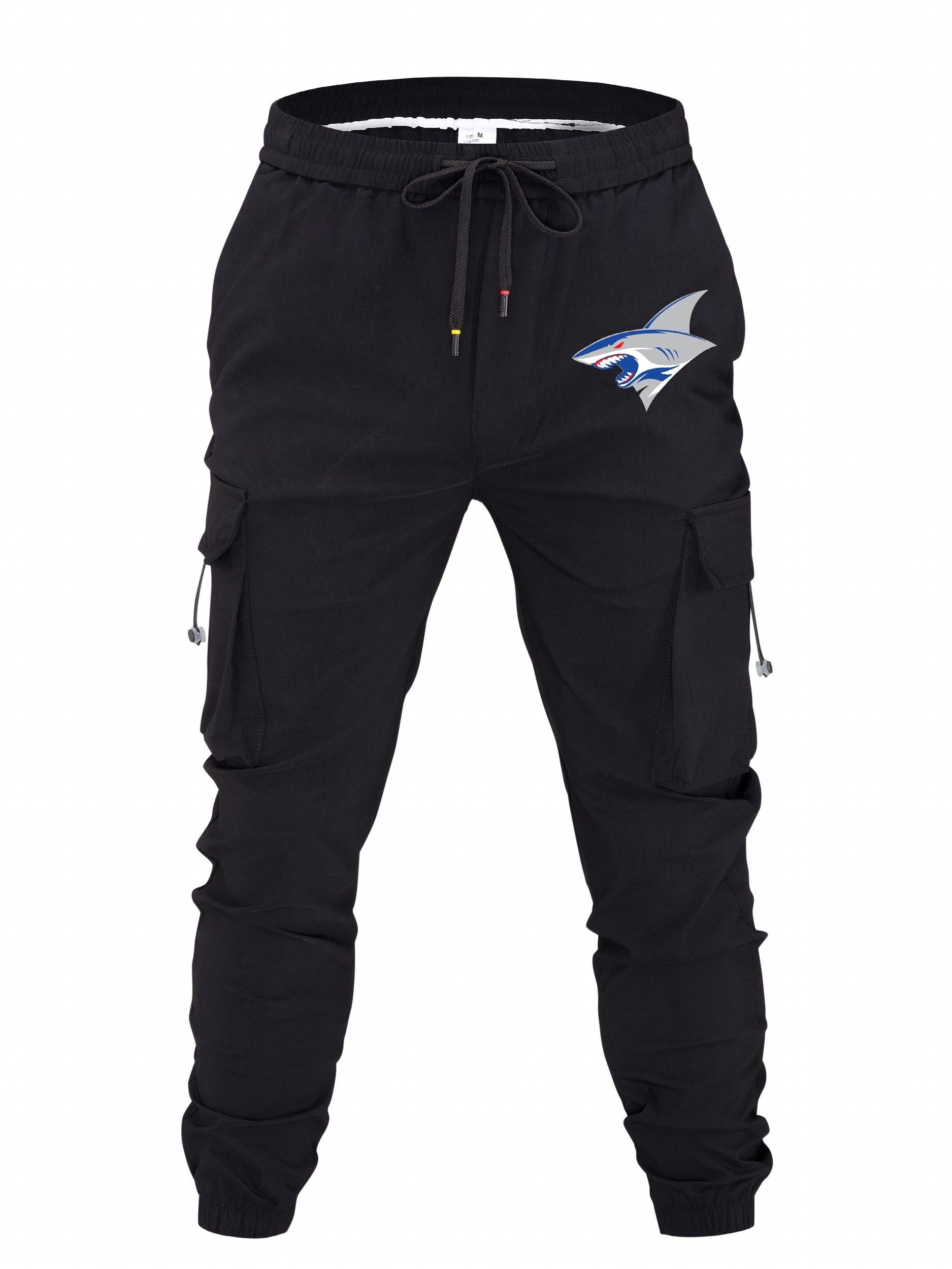 Mens Cartoon Shark Print Cargo Pants Loose Fit Drawstring Joggers