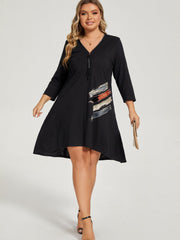 Plus Size Brush Print Zipper V Neck Dress