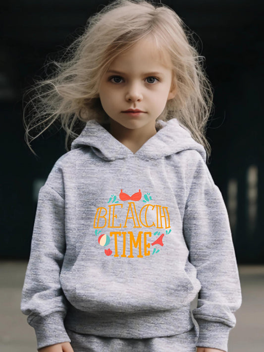 Be Ach Time Pattern Long Sleeve Hooded Sweatshirt Girls