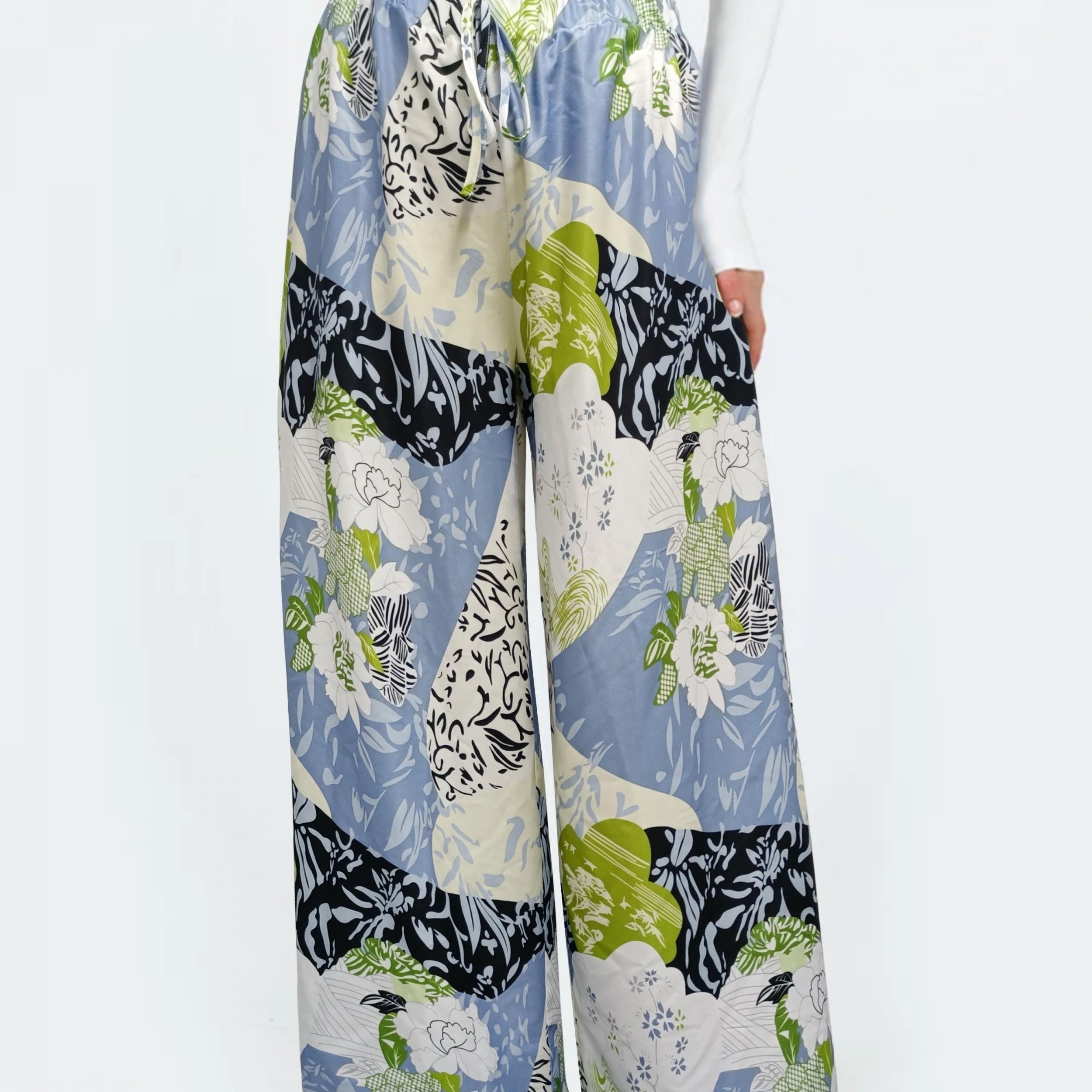  Colorblock Floral Print Wide Leg Trousers