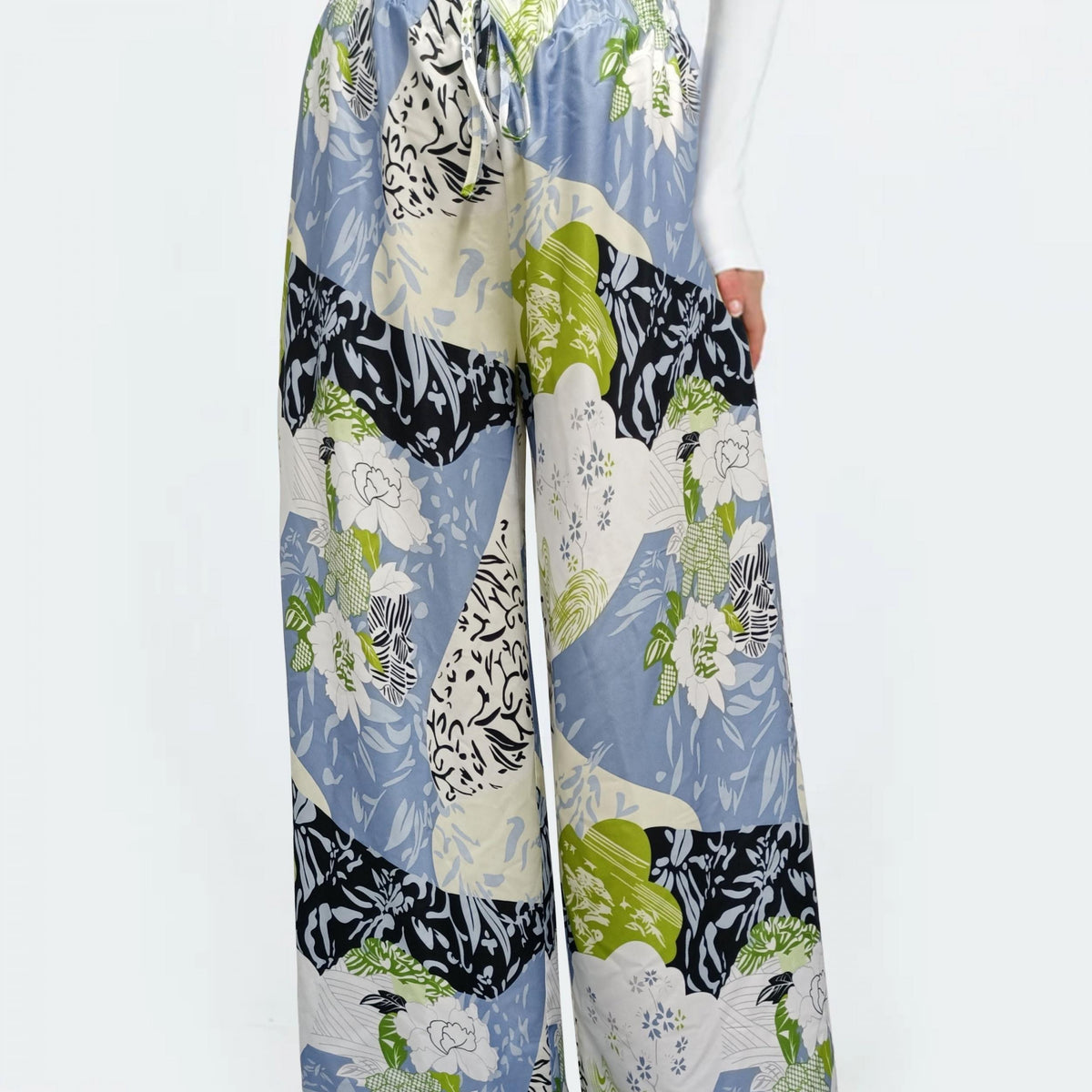  Colorblock Floral Print Wide Leg Trousers
