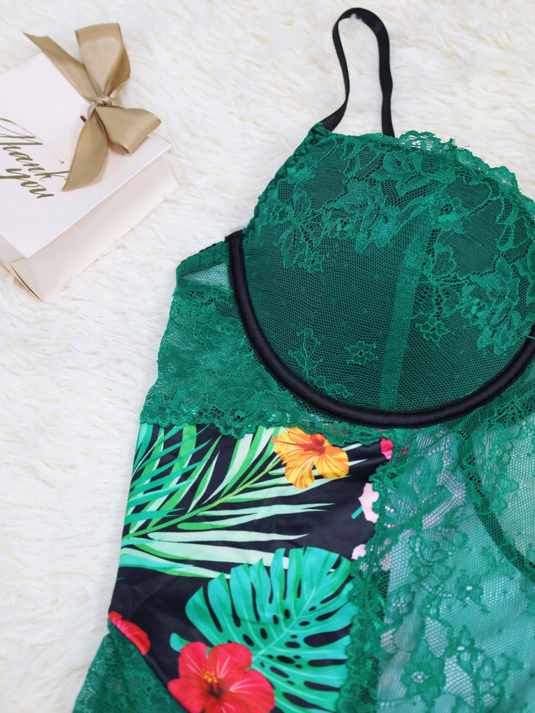  Tropical Print Lace Underwire Teddy Bodysuit