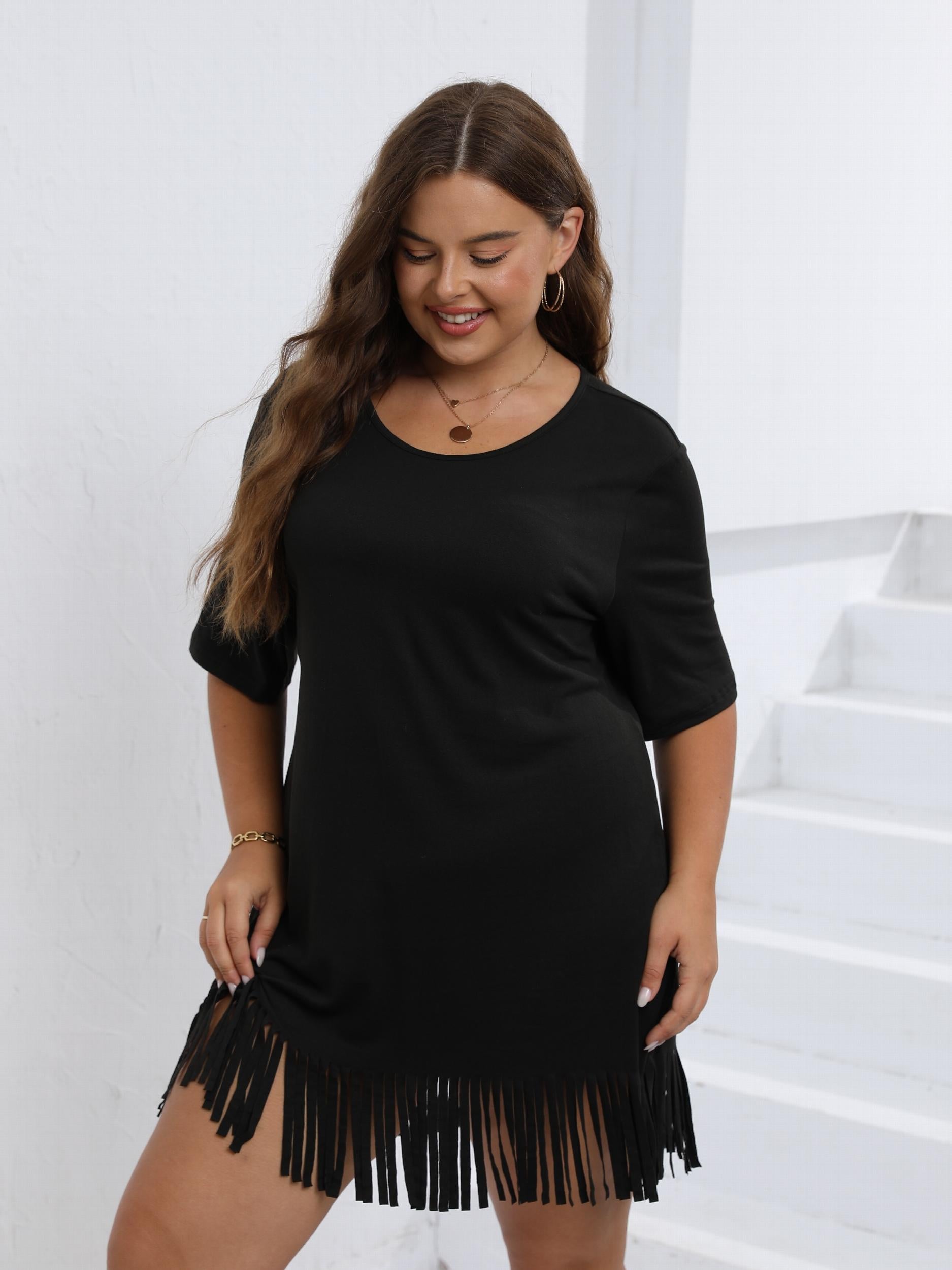  Casual Mini Dress Solid Short Sleeve Round Neck Fringe Trim