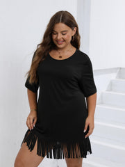  Casual Mini Dress Solid Short Sleeve Round Neck Fringe Trim