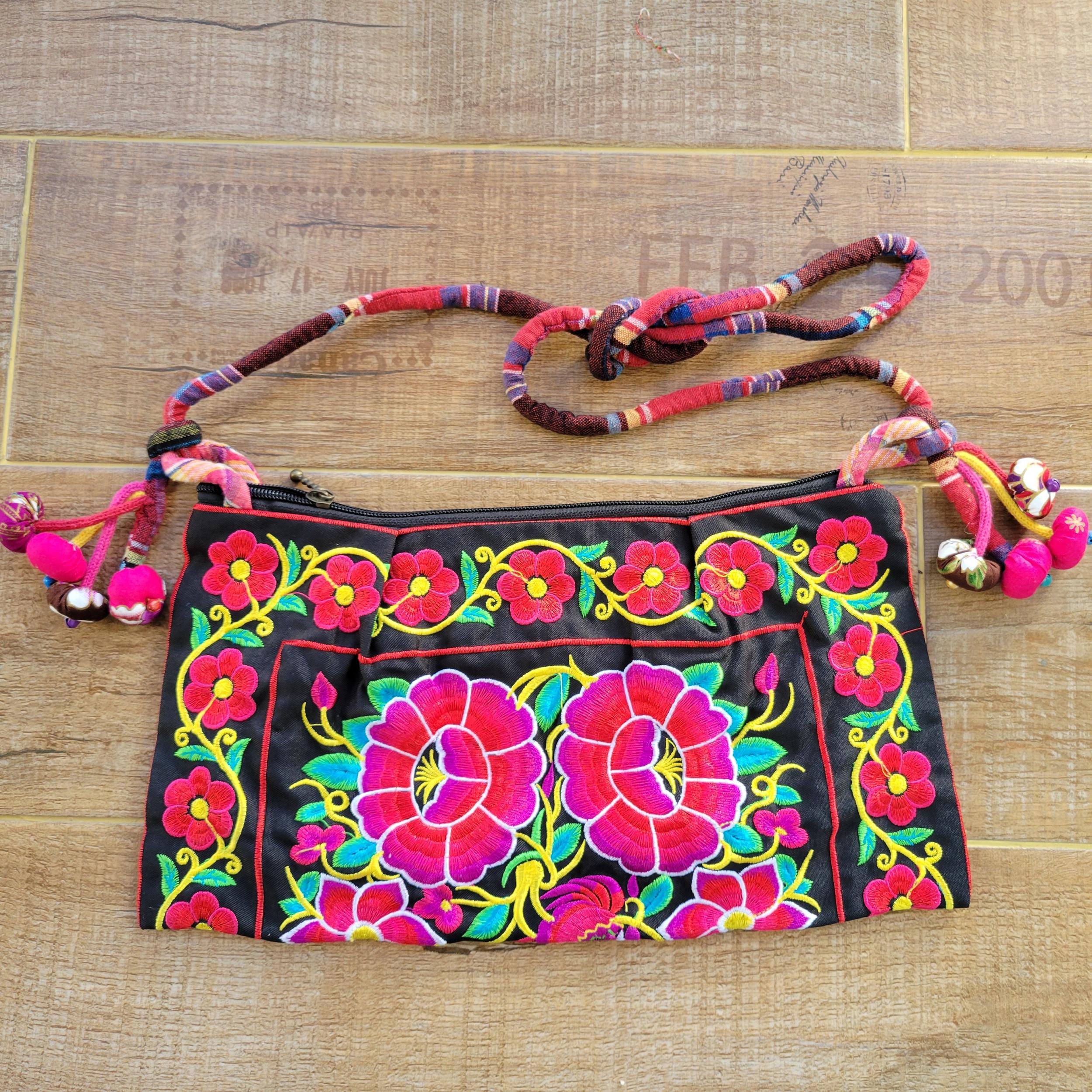 Embroidery Pattern Shoulder Bag with Pompon, Small Crossbody Bag