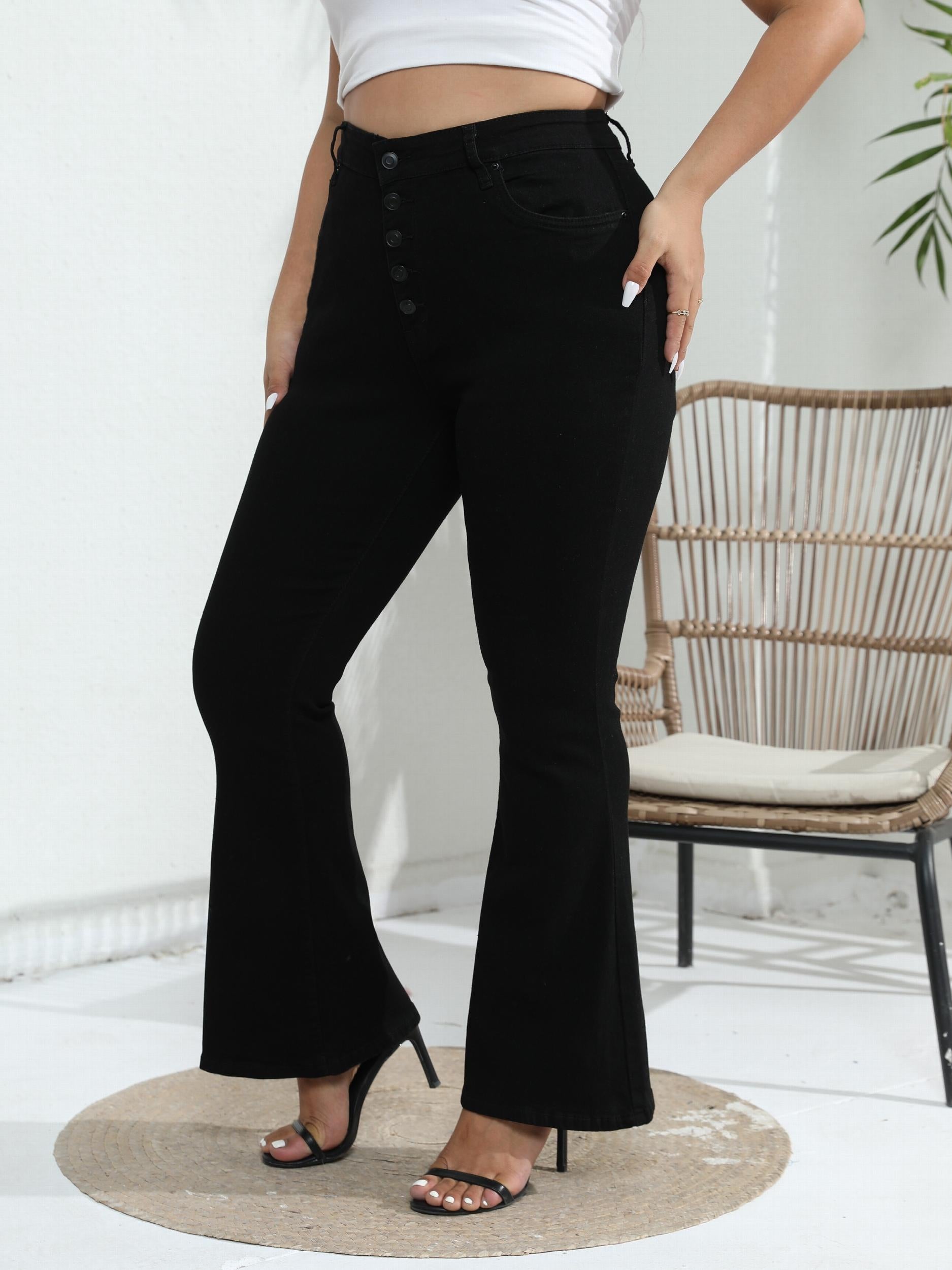  Solid Button Up Flared Leg High Waisted Stretch Jeans