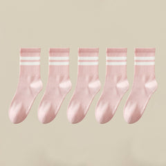 5 Pairs Stripe Print Ribbed Socks Soft Mid Tube Women's Stockings