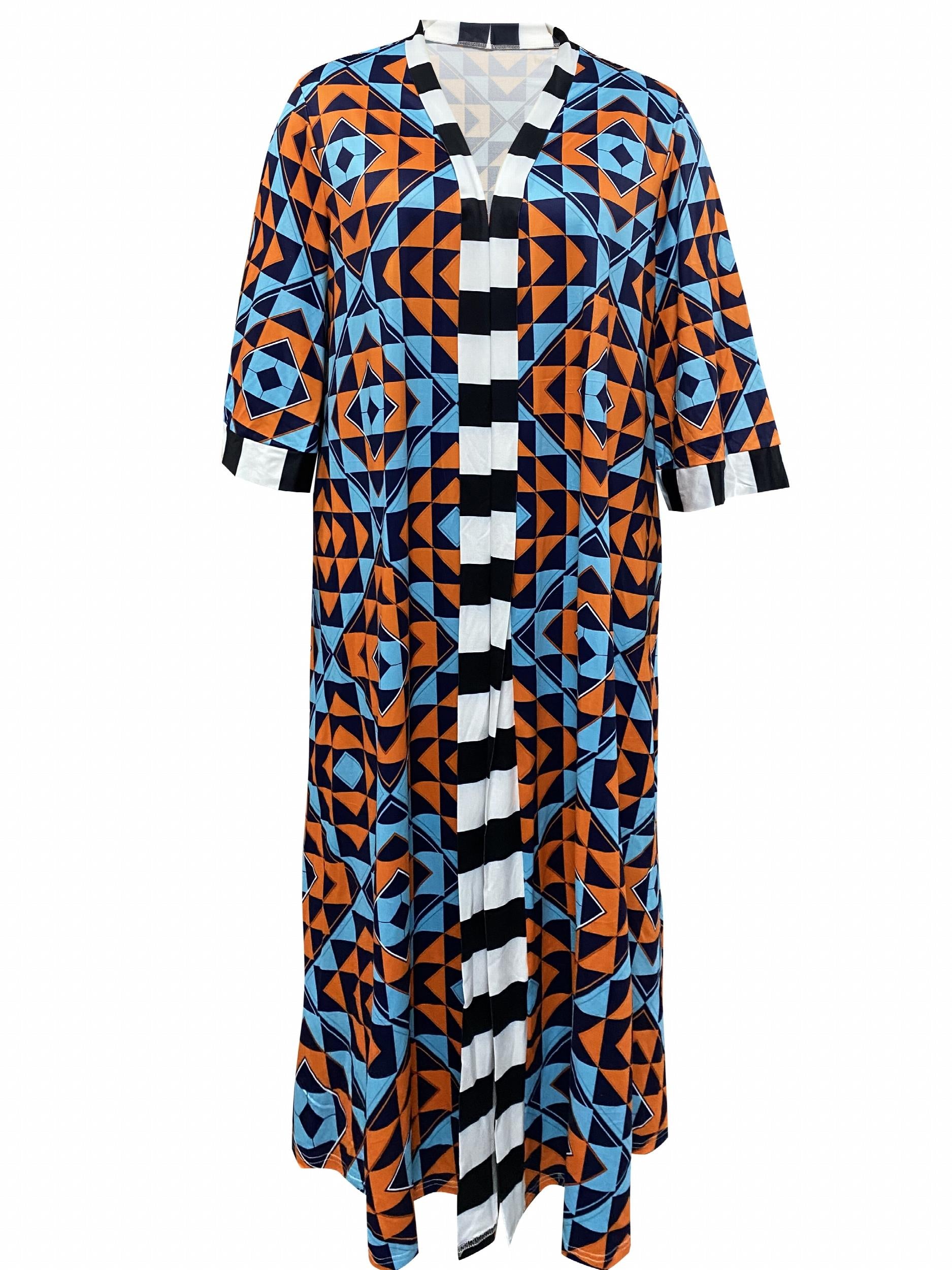  Geometric Print Three Quarter Sleeve Cardigan