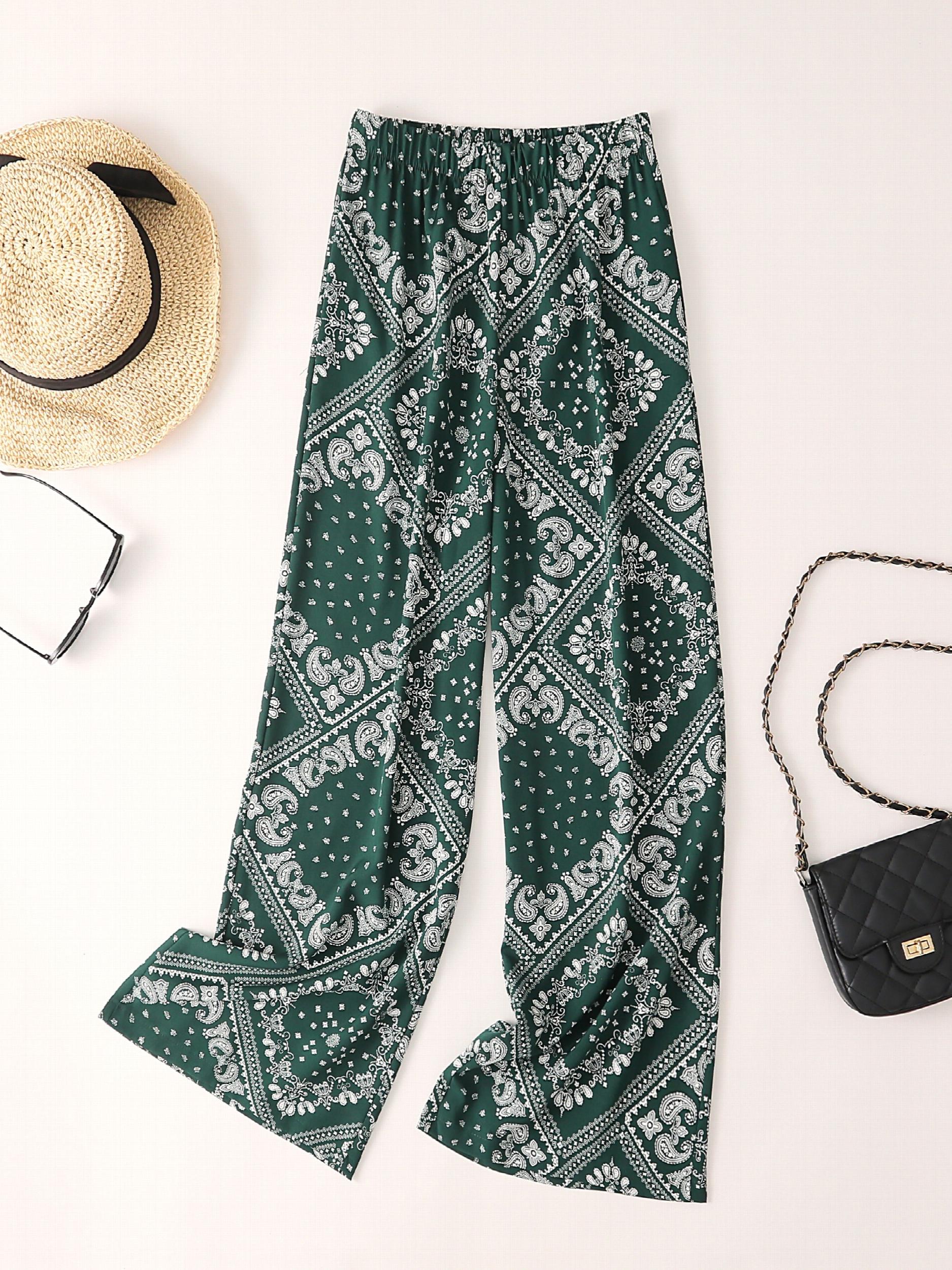Paisley Scarf Print Wide Leg Pants Boho Casual Loose Pants
