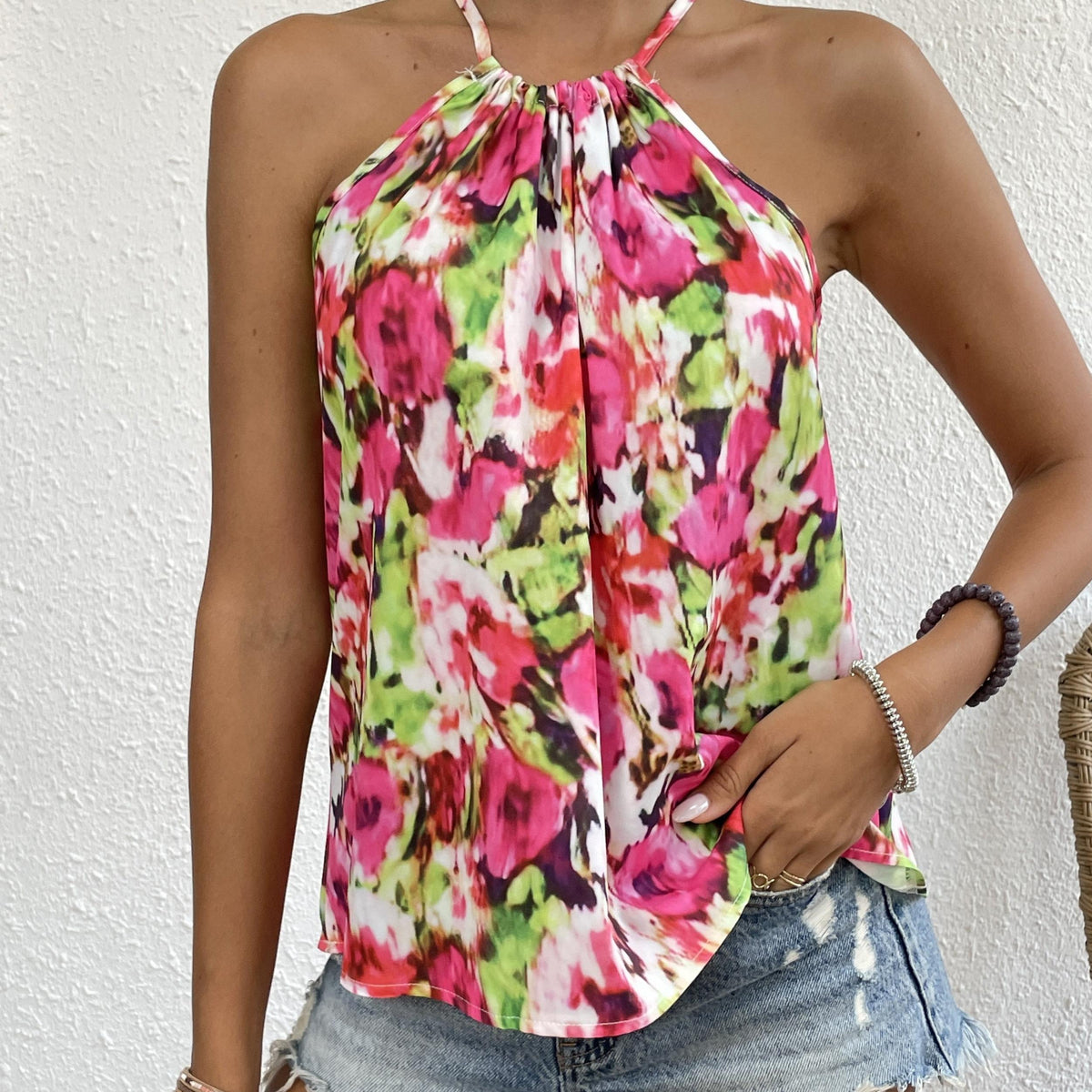 Floral Print Halter Neck Tank Top