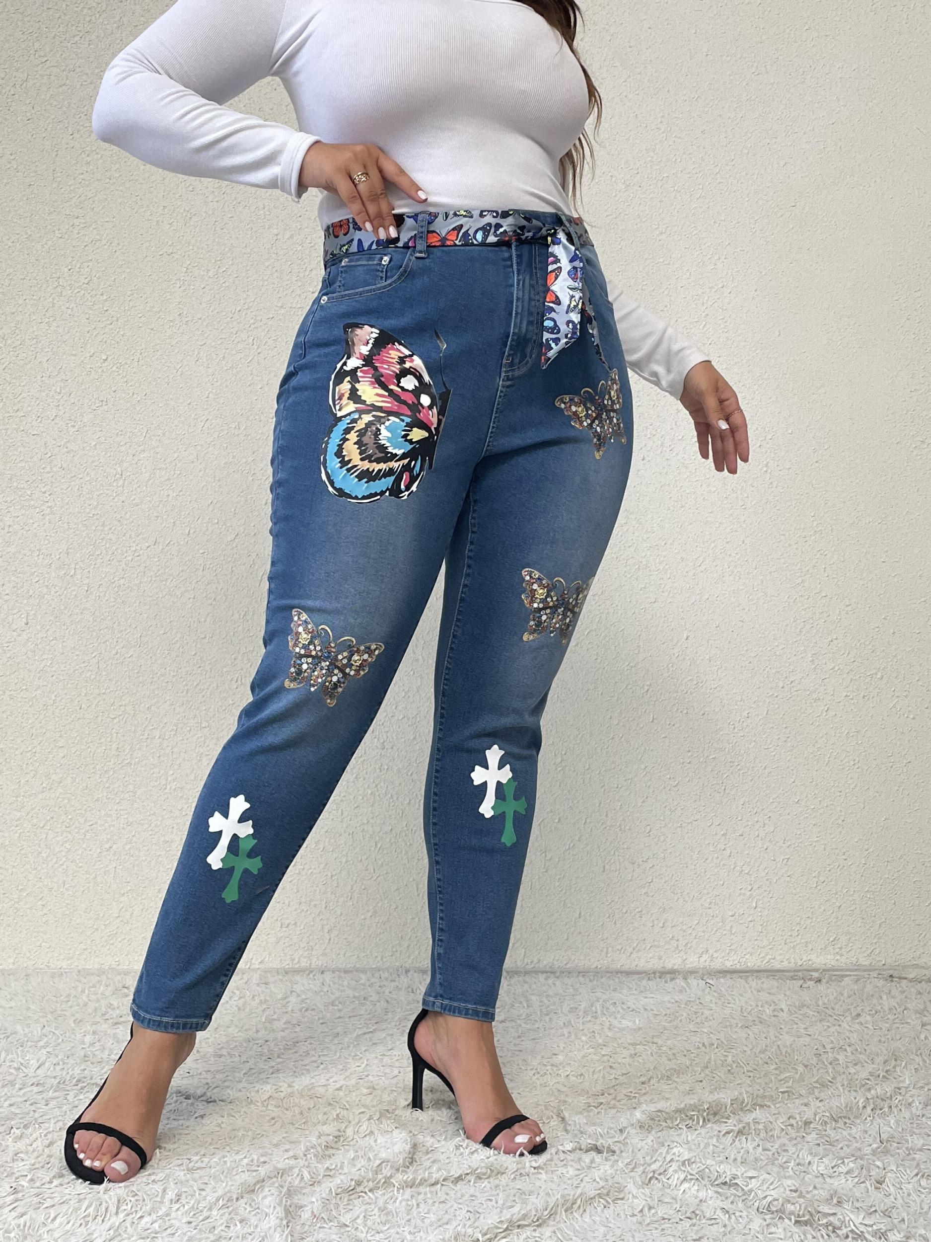  Y2K Jeans Women's Plus Butterfly Print Washed Skinny Jeans
