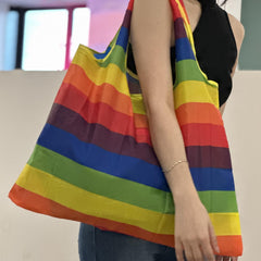 Rainbow Striped Shopping Tote Bag Foldable Portable Reusable Grocery Bag