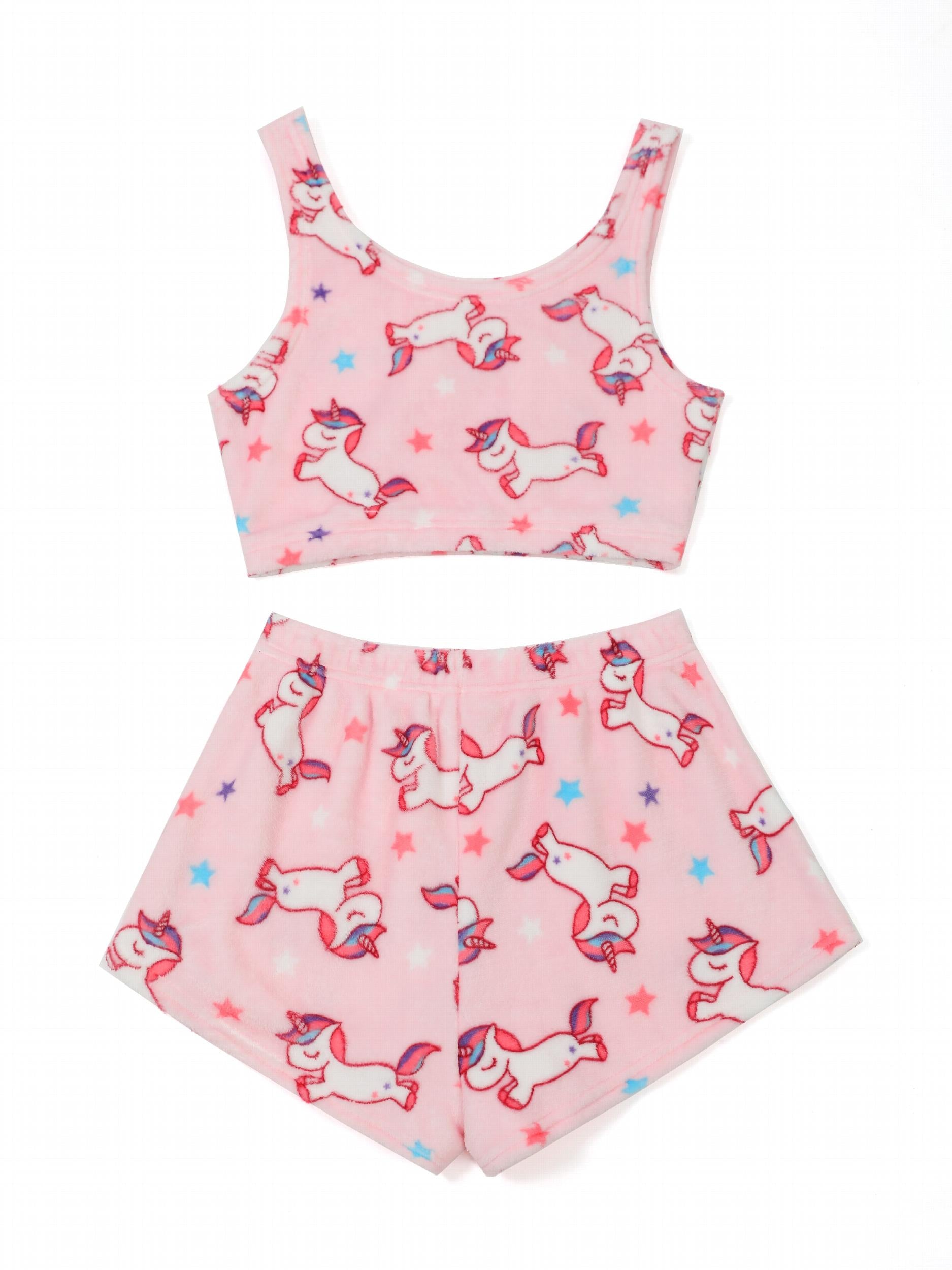  Women's Unicorn & Star Print Flannel Crop Top & Shorts Pajama Set