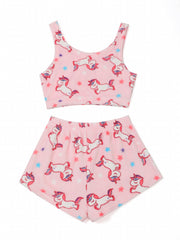  Women's Unicorn & Star Print Flannel Crop Top & Shorts Pajama Set