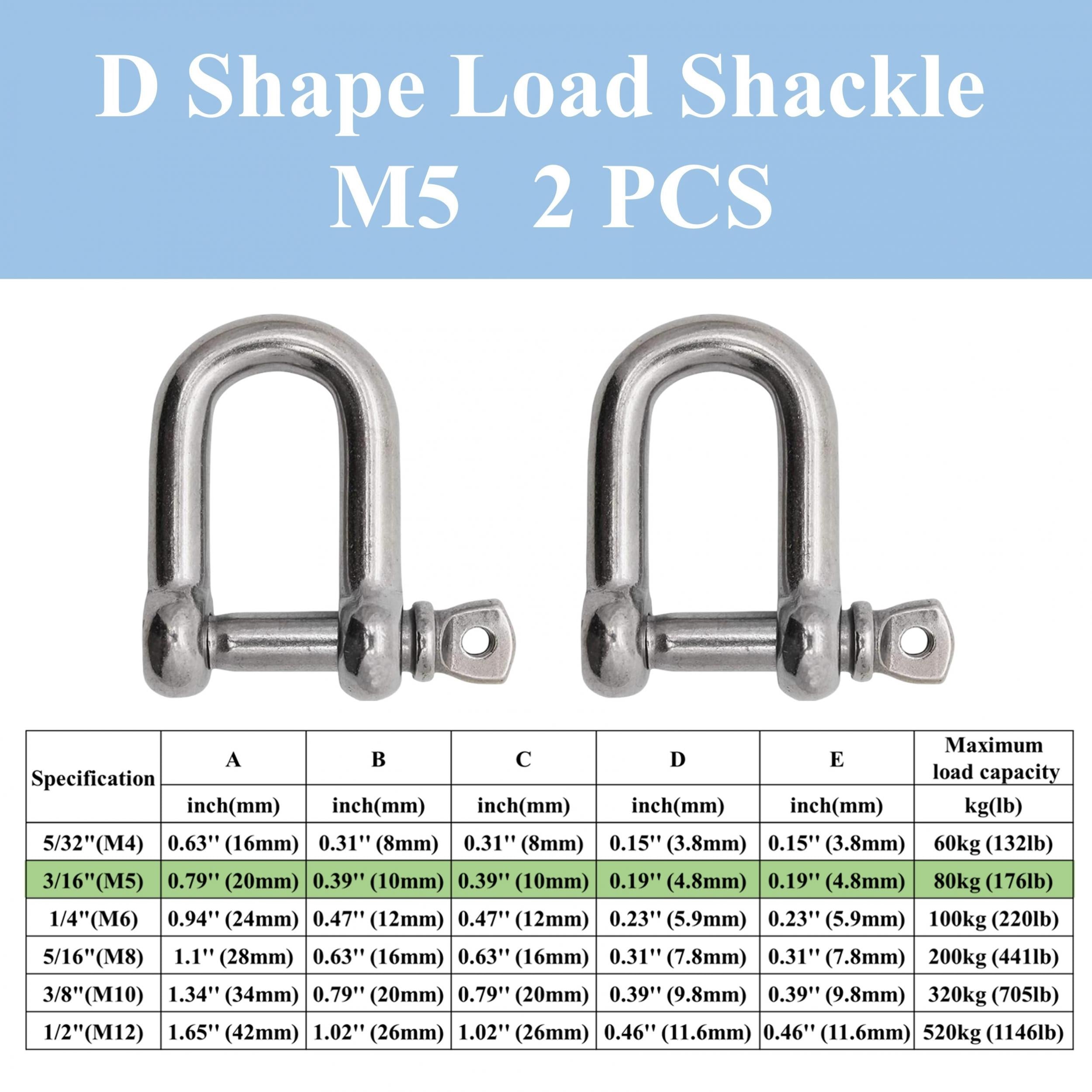 Stainless Steel D Shape Bow Load Shackle M4 12 7 81 M5 7 62