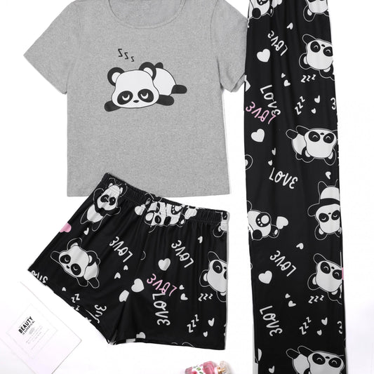 Panda Print Lounge Set Short Sleeve Crew Neck Top & Shorts & Pants
