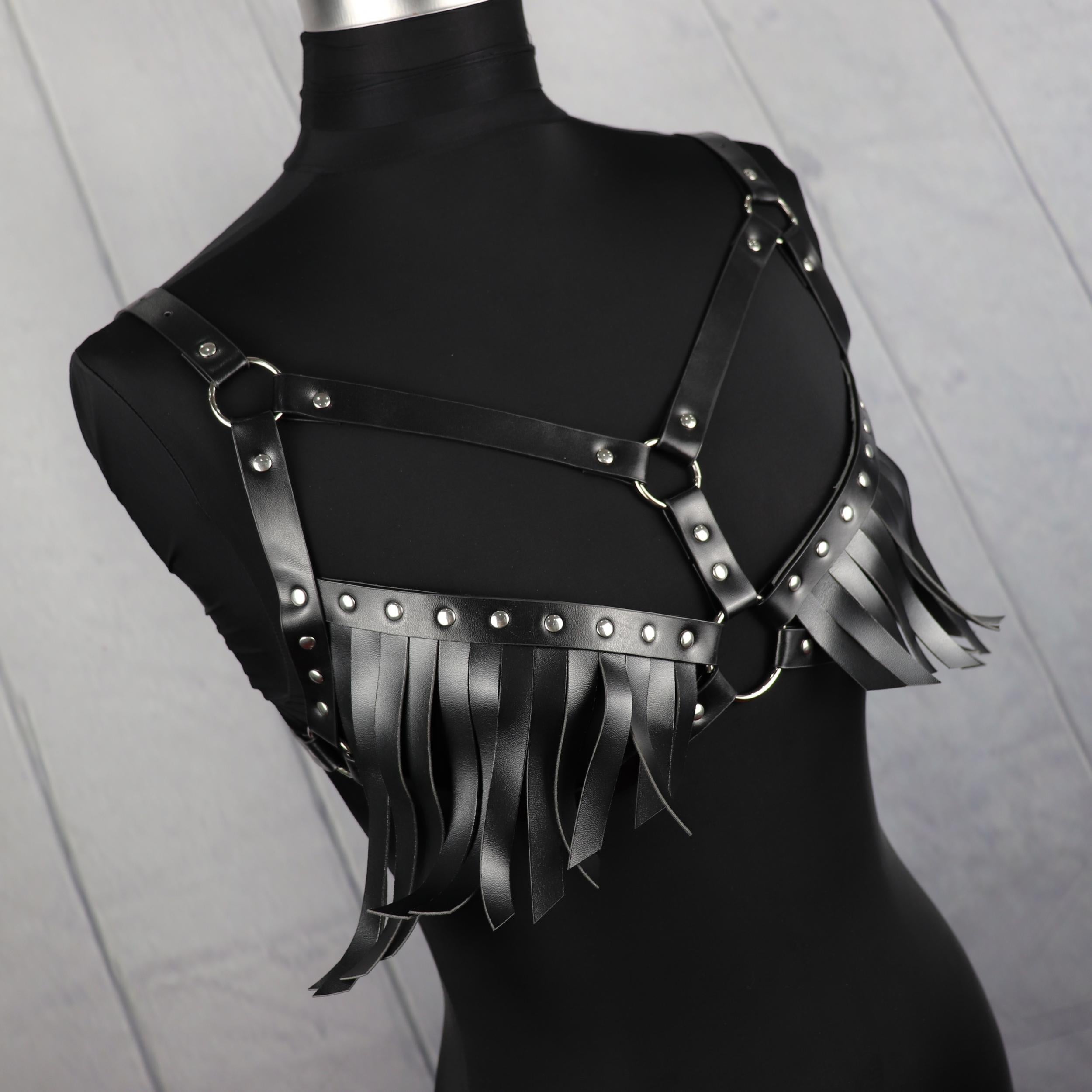 Striped Tassel Caged Bra Harness Belt Rivet Adjustable Corset Belt