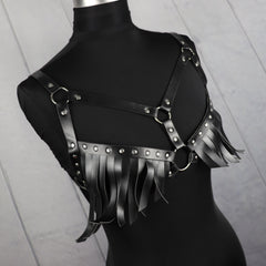Striped Tassel Caged Bra Harness Belt Rivet Adjustable Corset Belt