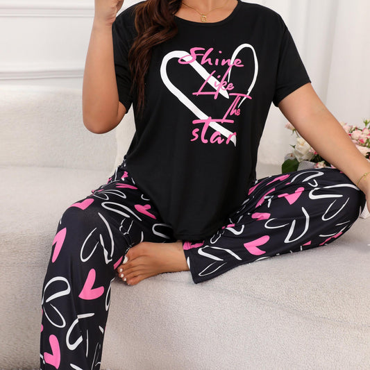  Heart & Art Print Tee & Pants Pajama Set