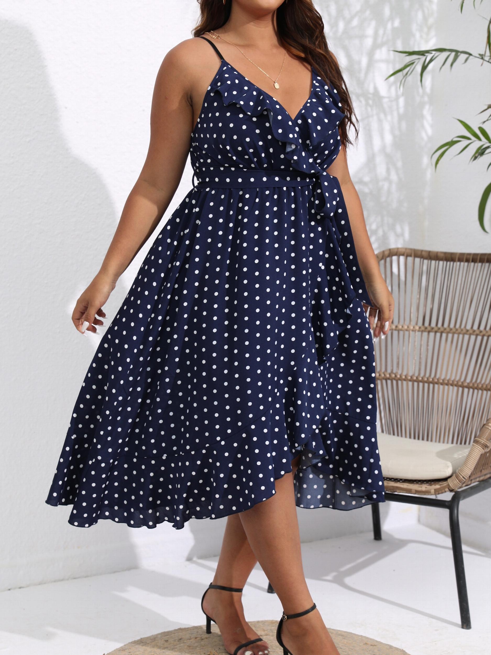  Polka Dot Ruffle V Neck Cami Dress
