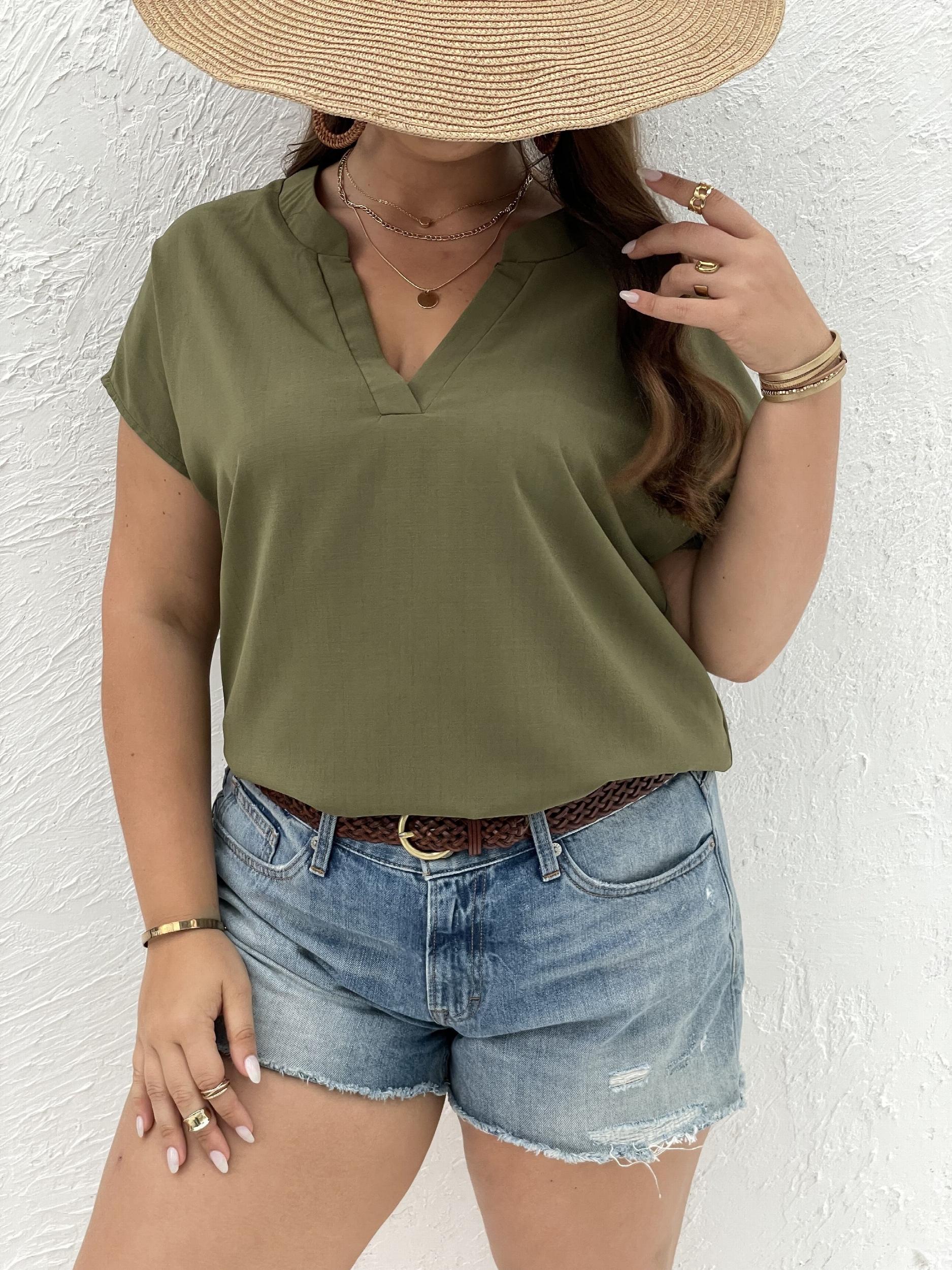  Casual Blouse Women's Plus Solid Bat Sleeve Notched Neck Loose Blouse