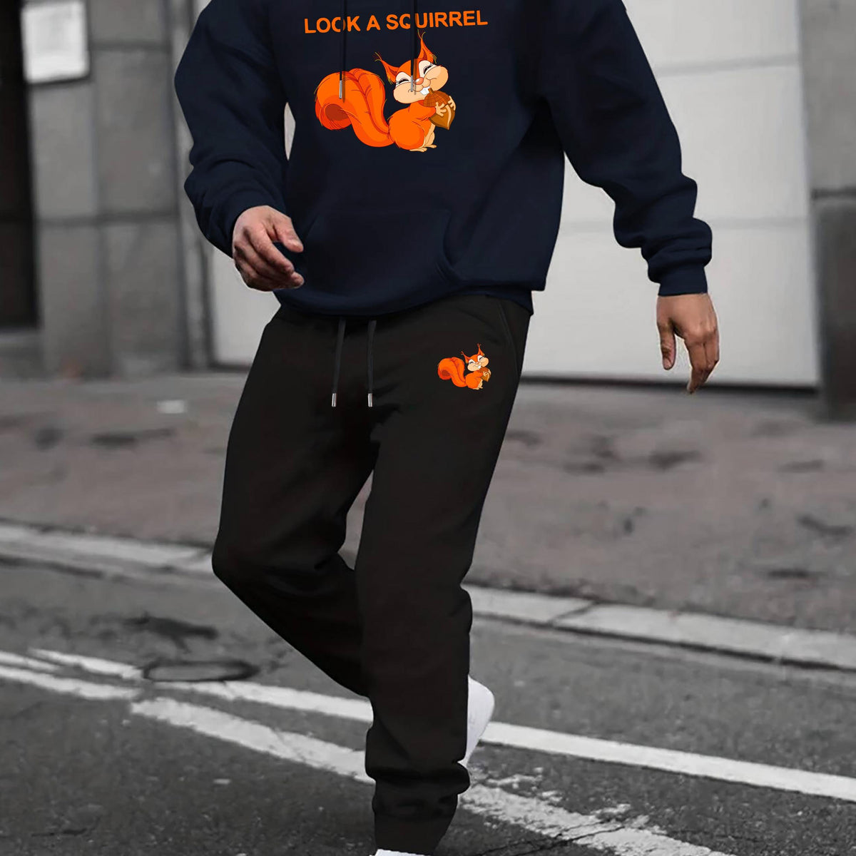 Men's 2Pcs SQUIRREL Print Crew Neck T Shirt & Hooded Sweatshirt Joggers Set