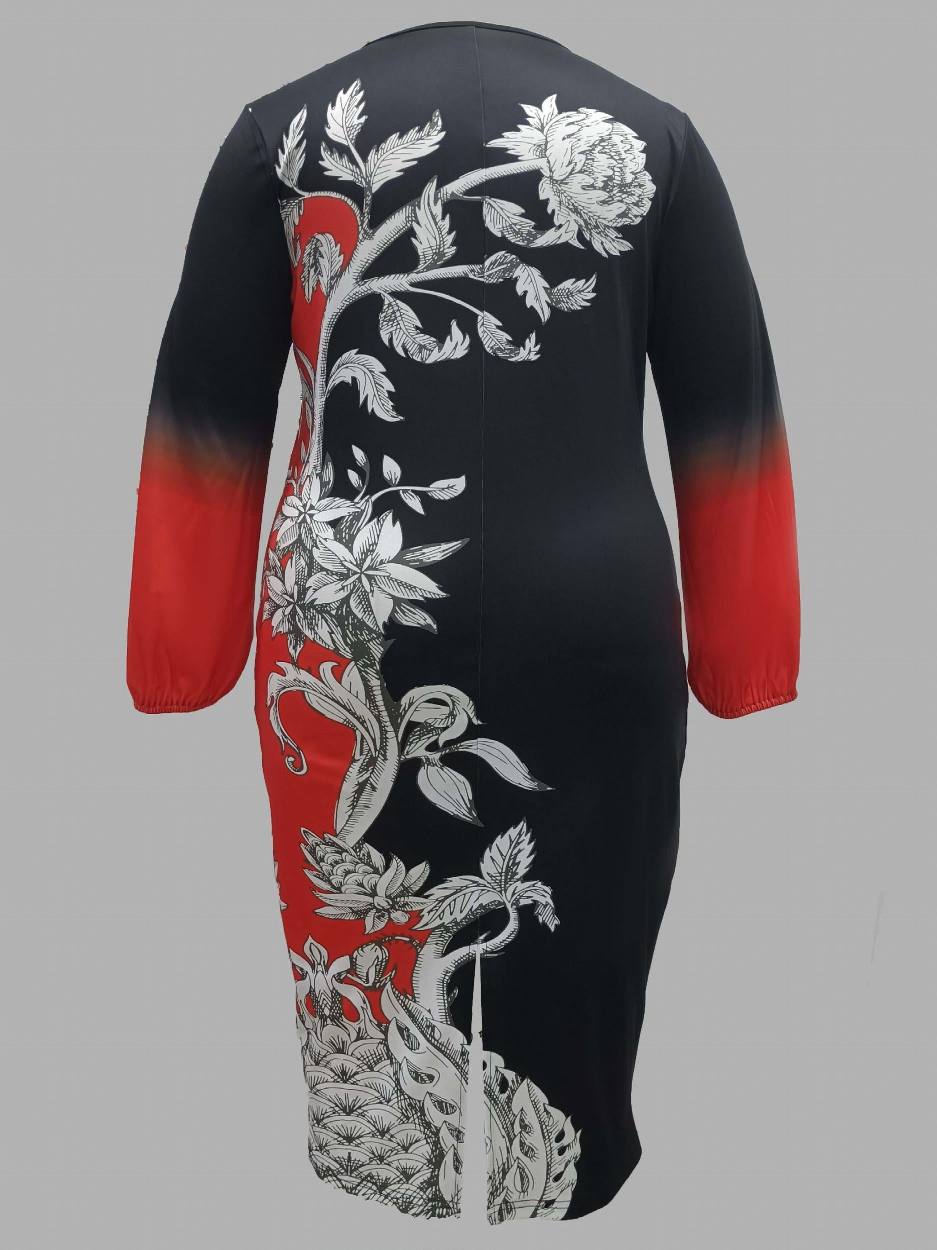  Colorblock Floral Print Lantern Sleeve Midi Dress