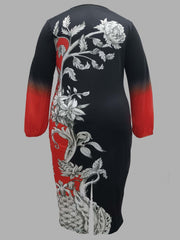  Colorblock Floral Print Lantern Sleeve Midi Dress