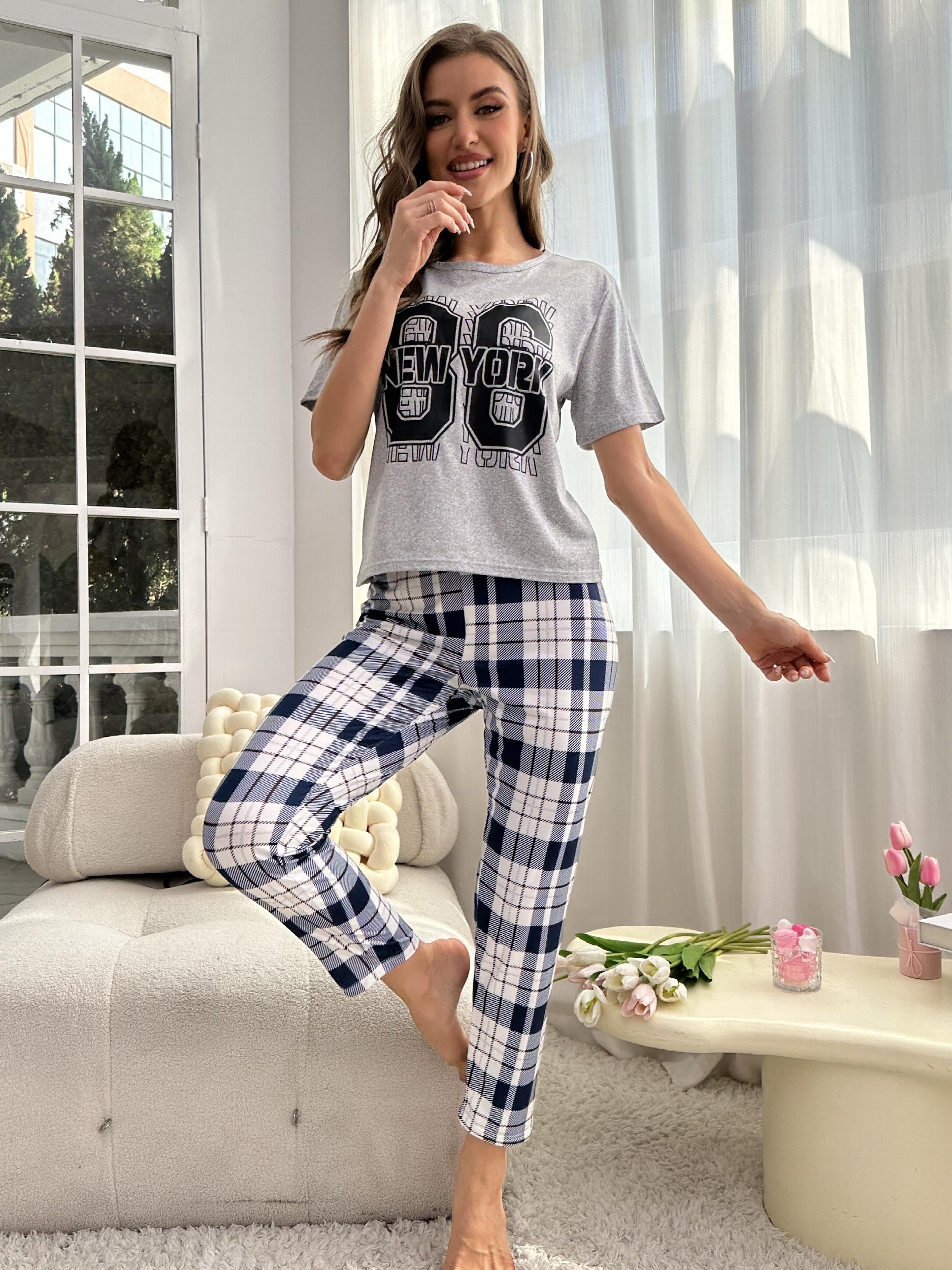 Pattern Pajama Set Short Sleeve Top & Check Print Long Pants Women's Loungewear