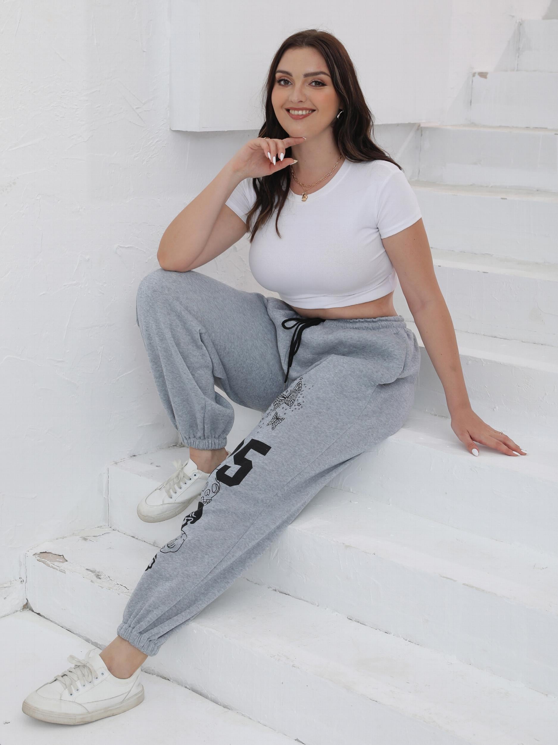  Casual Pants Women's Plus Butterfly & Skull & Number Print Drawstring
