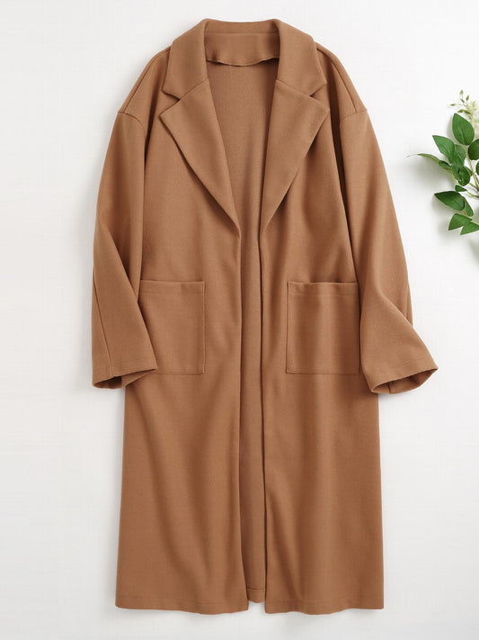 Casual Lapel Long Coat Solid Pocket Long Sleeve Loose Long Outerwear