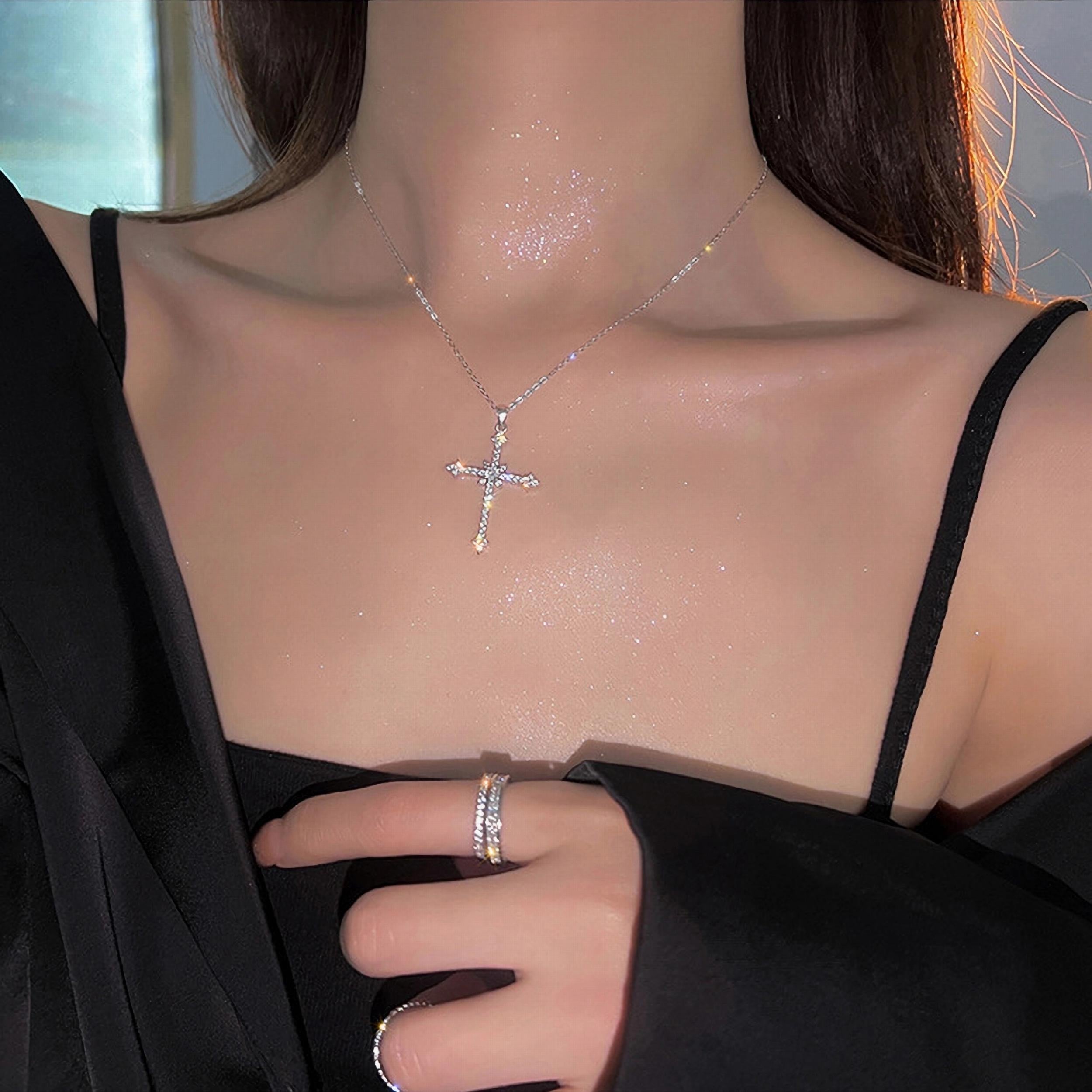 Zircon Star Cross Necklace Silver Plated Jewelry For Women Men
