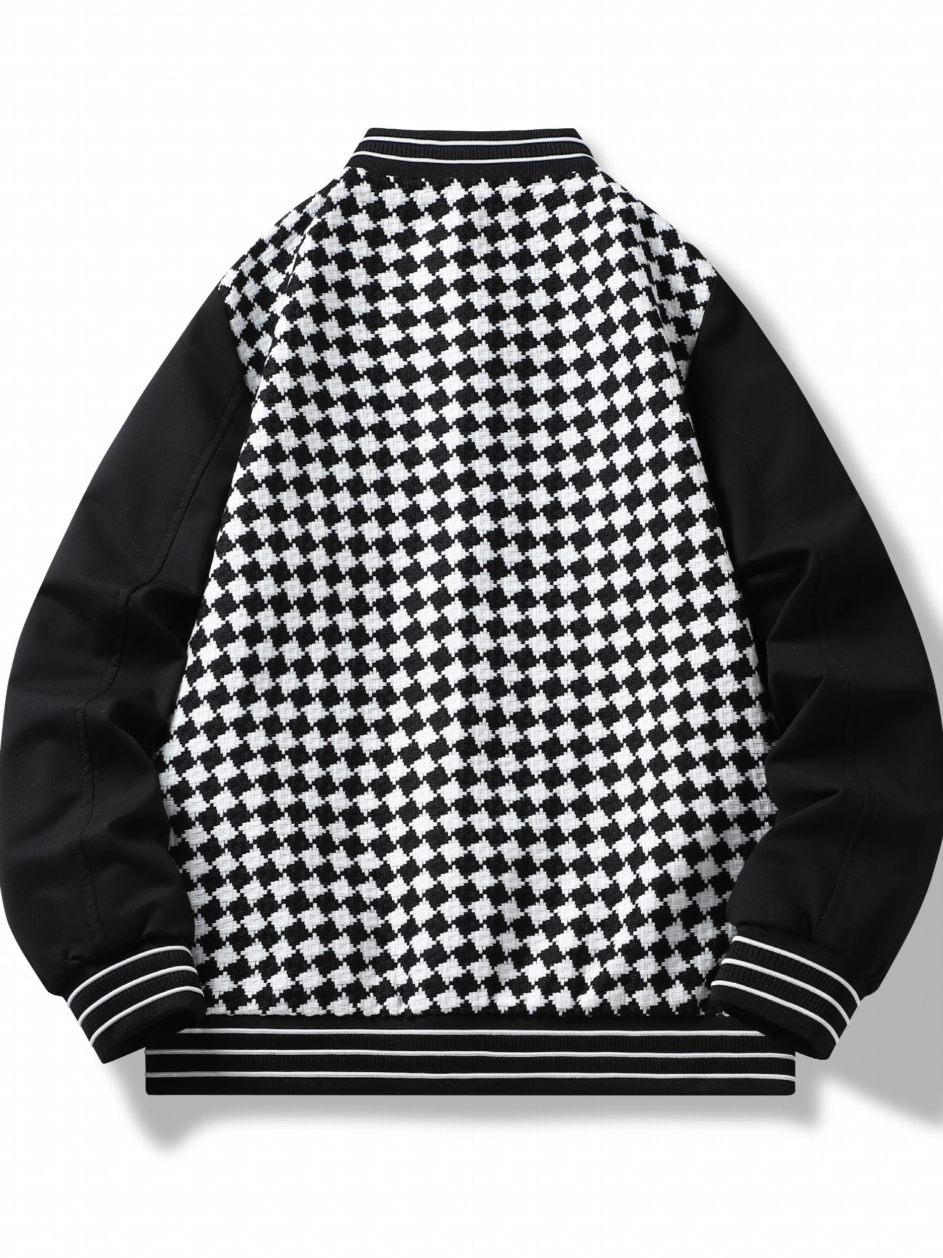 Checkerboard Pattern Varsity Jacket Men's Casual Baseball Collar Button Up Jacke