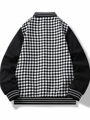 Checkerboard Pattern Varsity Jacket Men's Casual Baseball Collar Button Up Jacke