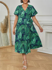  Tropical Print Flutter Sleeve Surplice Neck Dress