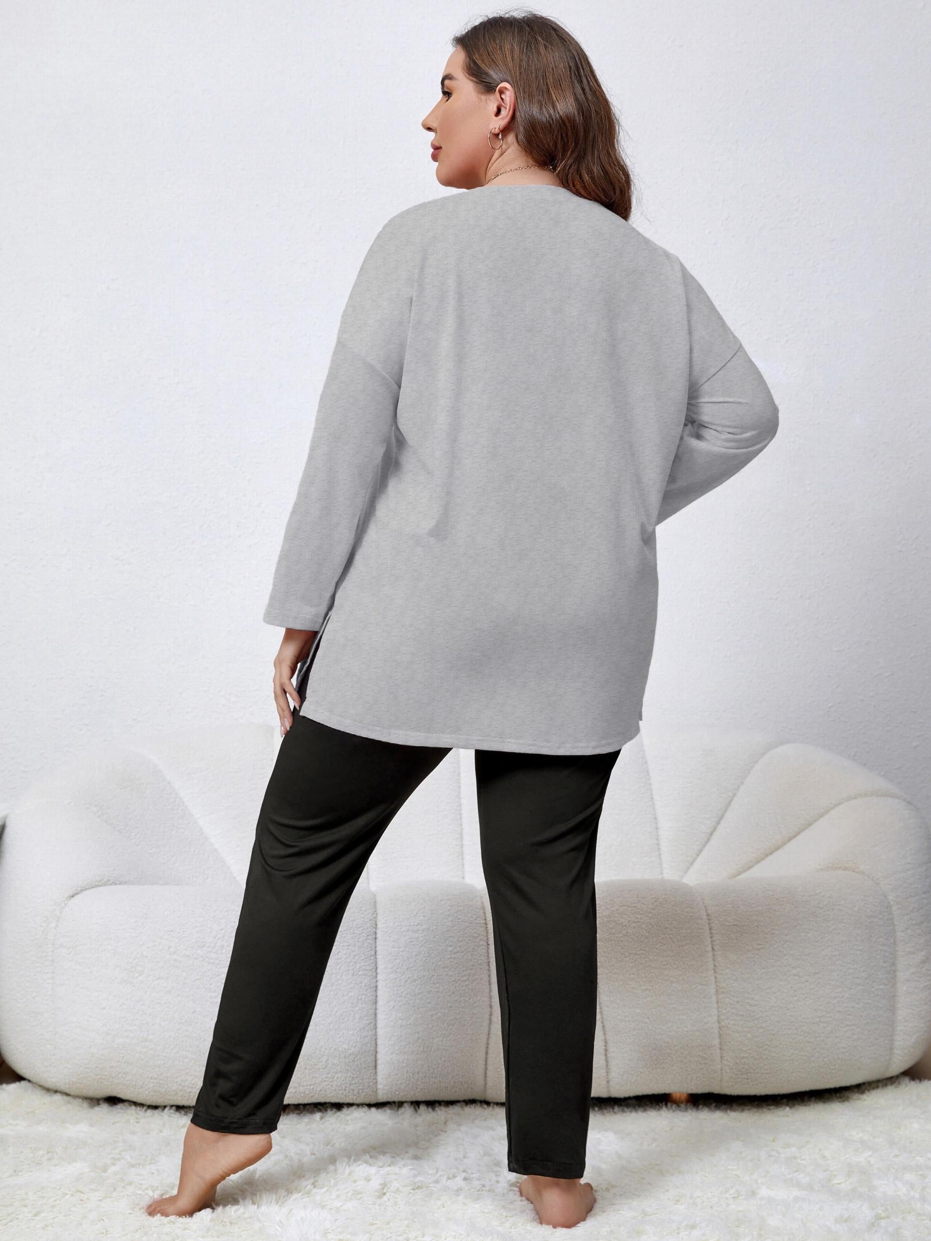  Lounge Set Women's Plus Letter Print Long Sleeve Tee & Pants