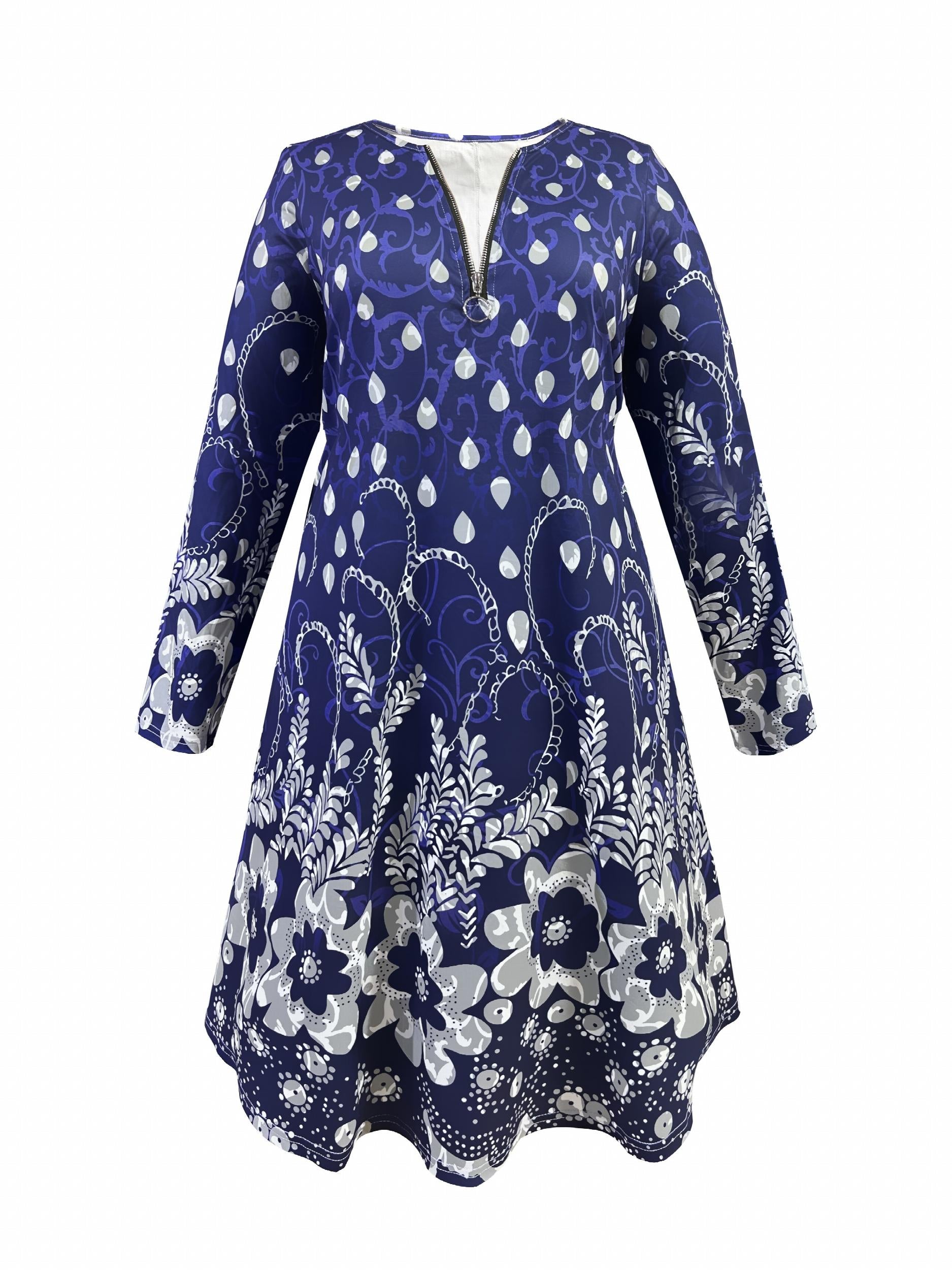  Floral Print Half Zipper Long Sleeve Round Neck A-line Dress