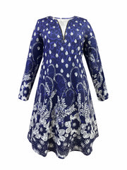  Floral Print Half Zipper Long Sleeve Round Neck A-line Dress